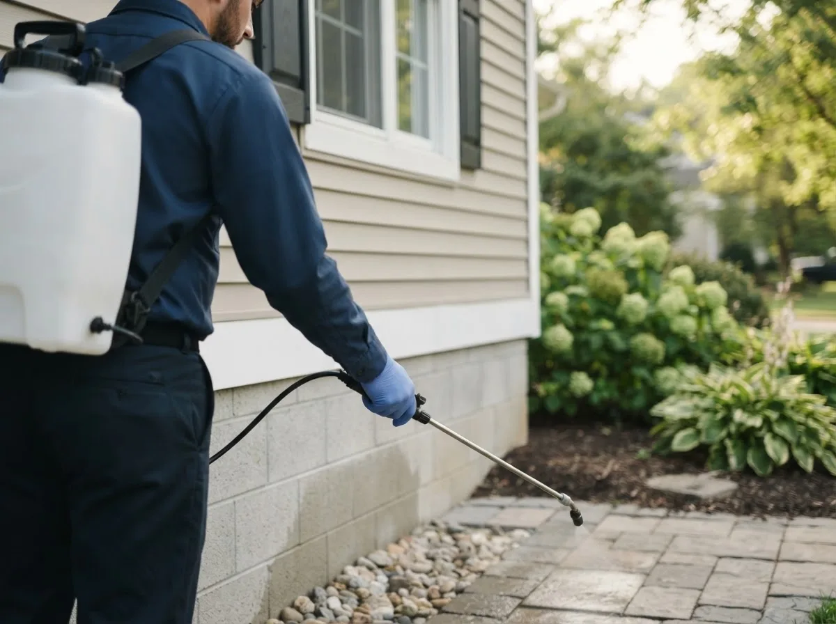 Pest control technician inspecting a home in Brashear, TX